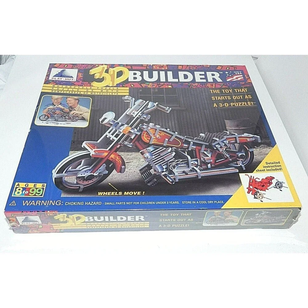 Play Hut 3:D Builder Motorcycle Puzzle Toy Wheels Move 117 Pcs Vintage 1996 New